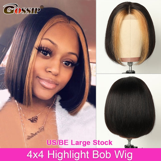 Highlight Wig Human Hair Straight 4x4 Highlight Bob Wig Short Bob Closure Wig Lace Front Wig Human Hair Wigs For Women Remy