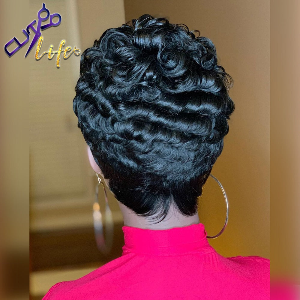 The Cut Life Short Curly Bob Pixie Cut Full Machine Made No Lace Human Hair Wigs With Bang For Black Women Remy Brazilian Hair