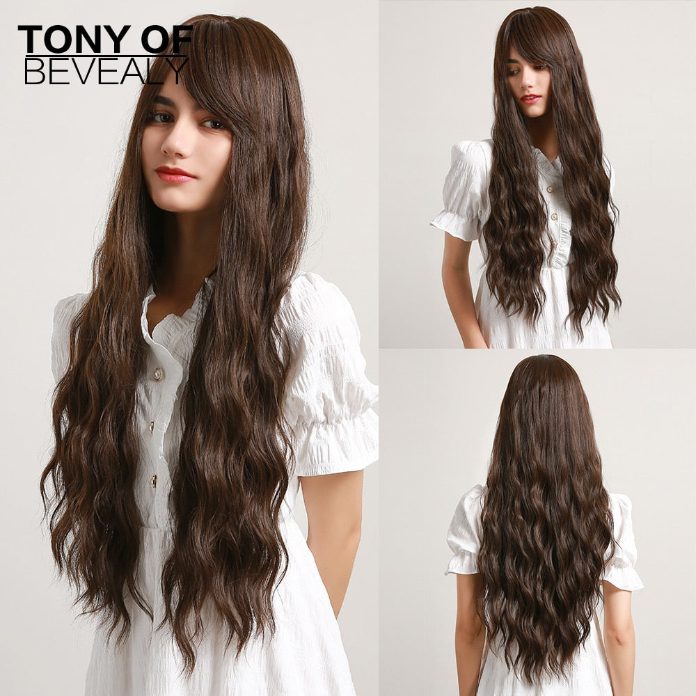 Long Synthetic Water Wave Wigs With Bangs Natural Curly Dark Brown Wigs for Women Cosplay Wigs Heat Resistant Fiber Wigs