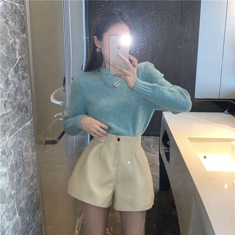 High Quality Faux Leather Shorts Women Spring Boot Wide Leg Eladtic High Waist Korea Girls PU Short Pants 2021 Summer Nude Plus