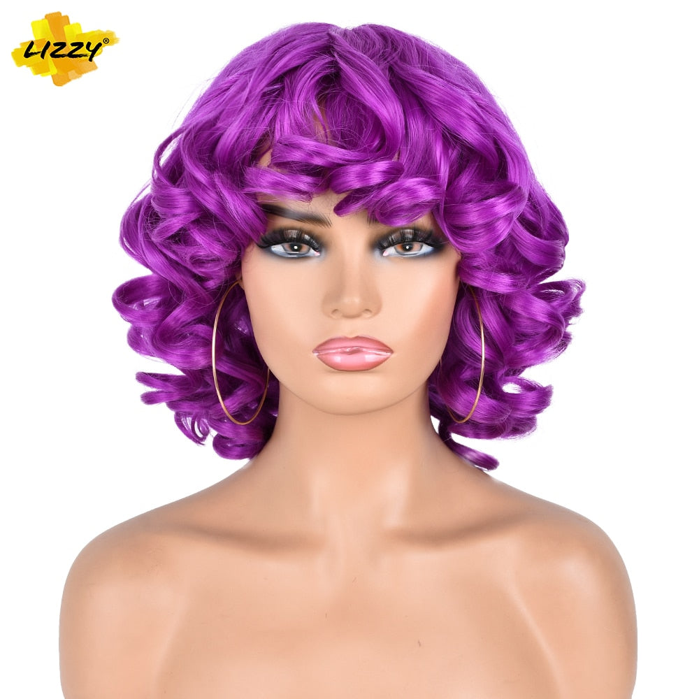 Short Hair Afro Curly Wig With Bangs Loose Synthetic Cosplay Fluffy Shoulder Length Natural Wigs For Black Women Dark Brown 14&quot;