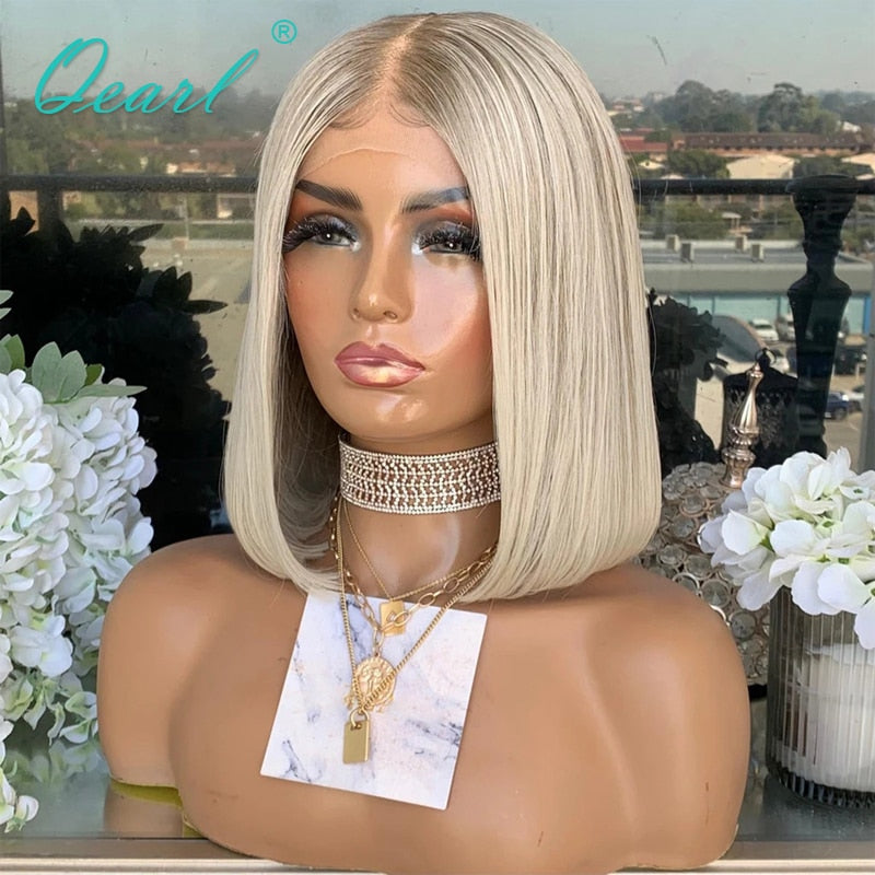 Ashy Grey Blonde Human Hair Lace Front Wig Short Bob Straight Frontal Wigs Platinum White Highlights 13x1 Virgin Hair 150% Qearl