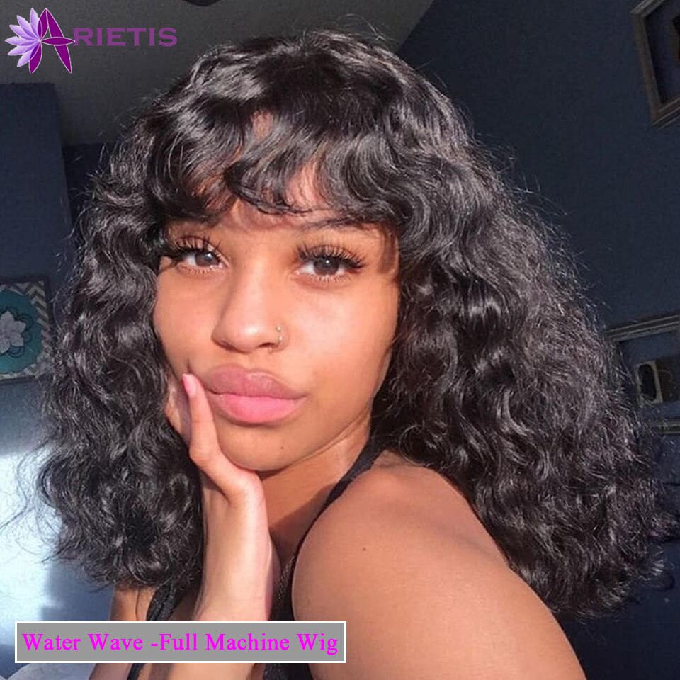 Jerry Curly Human Hair Wigs With Bangs 150% Density Glueless Full Machine Made Wig With Bang  Color 1b For Black Women