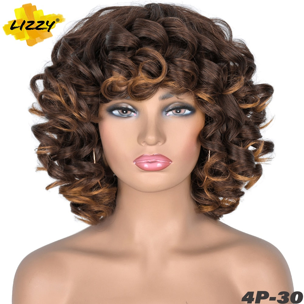 Short Hair Afro Curly Wig With Bangs Loose Synthetic Cosplay Fluffy Shoulder Length Natural Wigs For Black Women Dark Brown 14&quot;