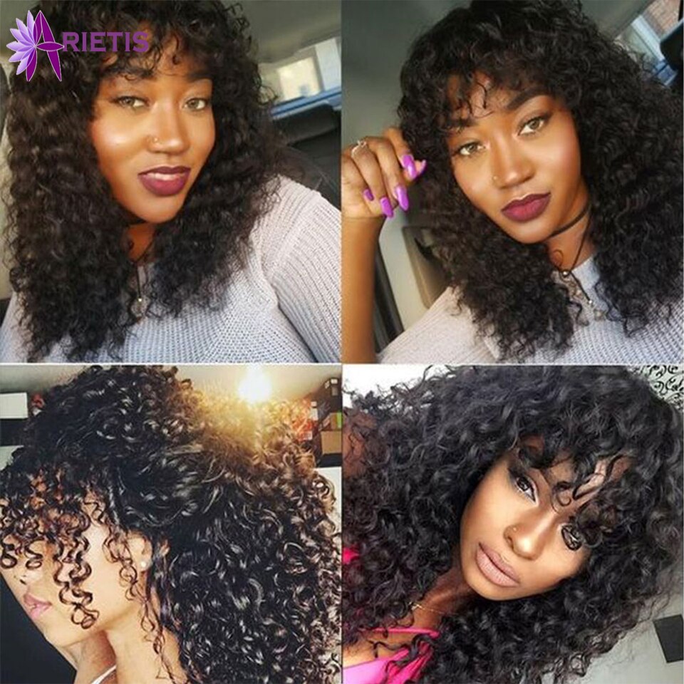 Jerry Curly Human Hair Wigs Full Wigs Indian Remy Hair Full Machine Wig With Bangs 8&quot;-24&quot;Inches Natural Black For Black Women