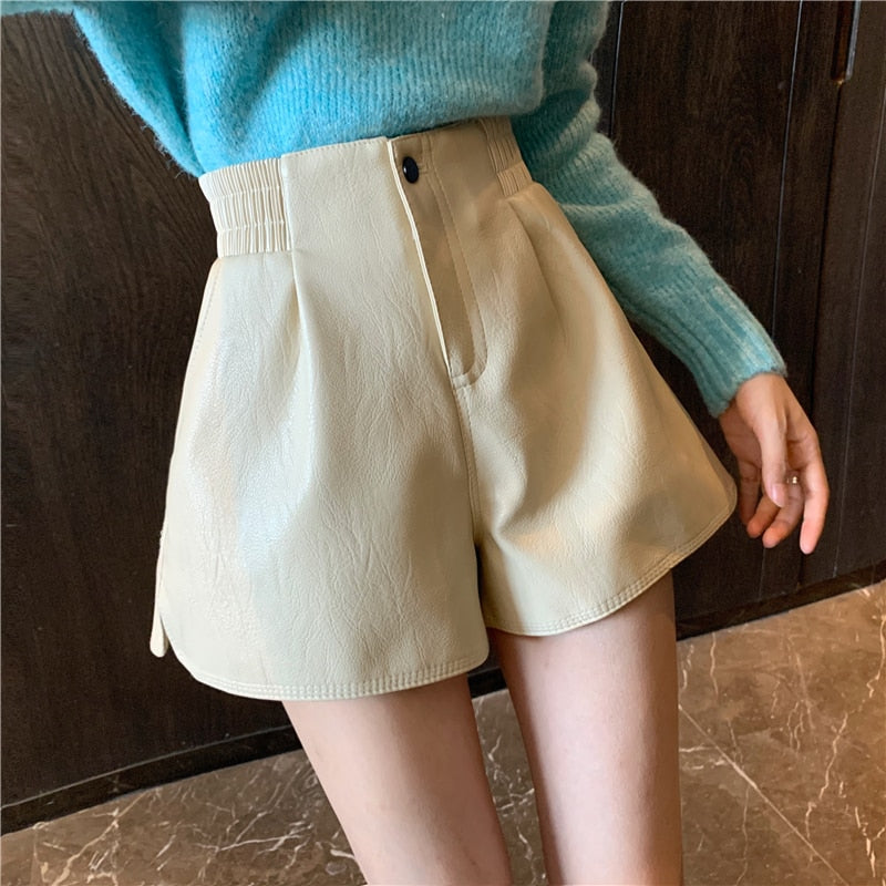 High Quality Faux Leather Shorts Women Spring Boot Wide Leg Eladtic High Waist Korea Girls PU Short Pants 2021 Summer Nude Plus