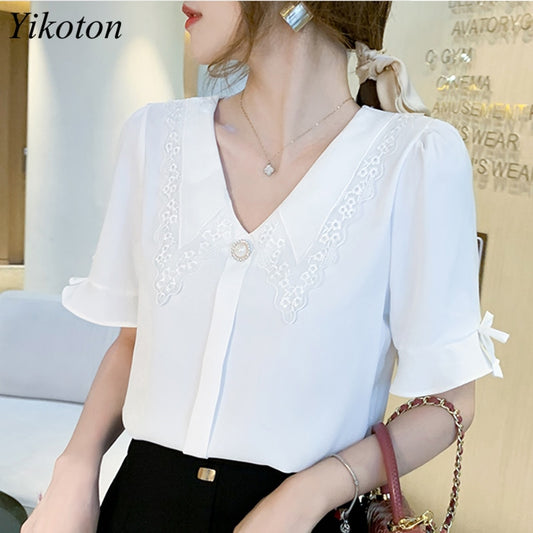 Yikoton Summer Casual New 2022 Women Blouse Chiffon White Shirt Fashion Peter pan Collar Button Ladies Plus Size Blue Blouses