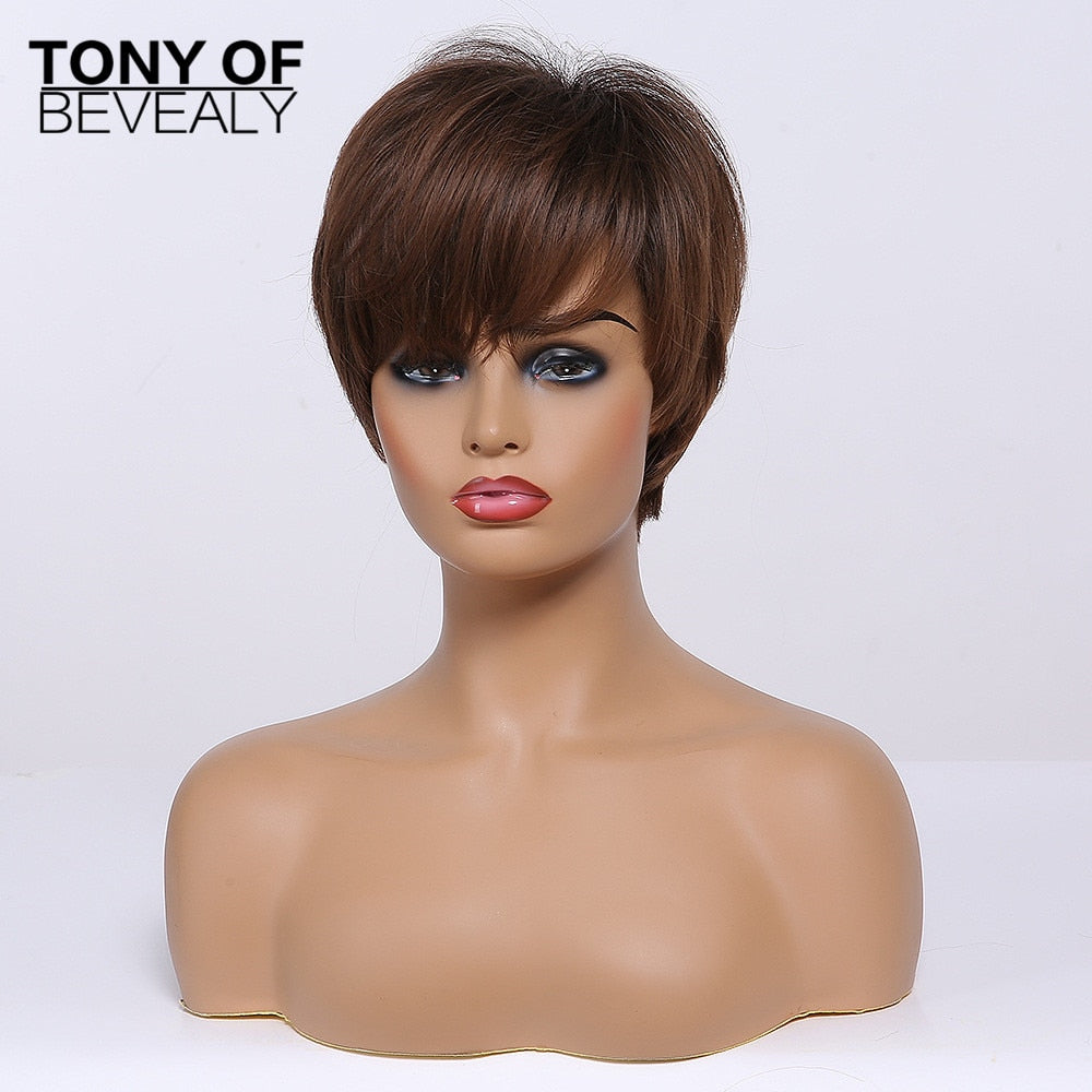 Short Straight Wigs Ombre Brown Synthetic Hair Wigs with Bangs for Black Women Daily Cosplay Heat Resistant Natural Hair Wigs