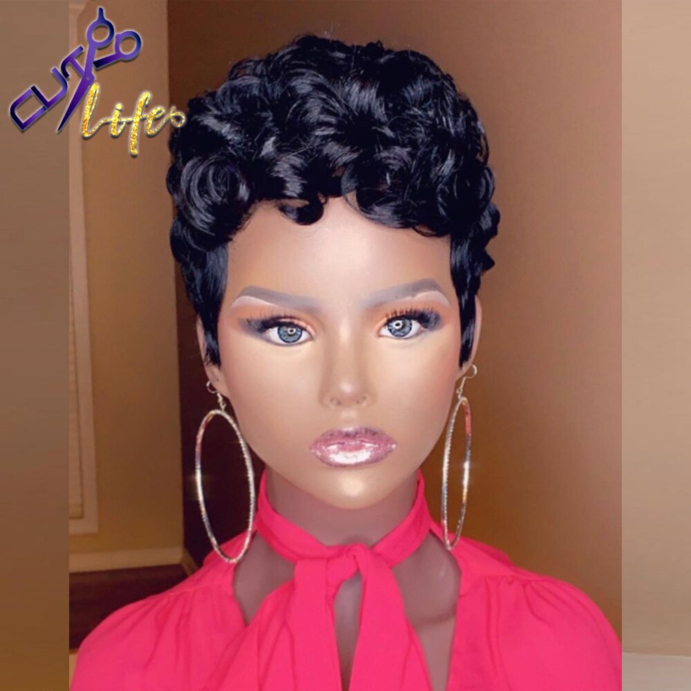 The Cut Life Short Curly Bob Pixie Cut Full Machine Made No Lace Human Hair Wigs With Bang For Black Women Remy Brazilian Hair