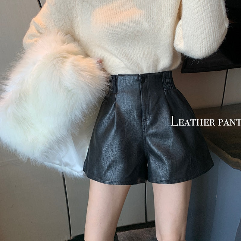 High Quality Faux Leather Shorts Women Spring Boot Wide Leg Eladtic High Waist Korea Girls PU Short Pants 2021 Summer Nude Plus