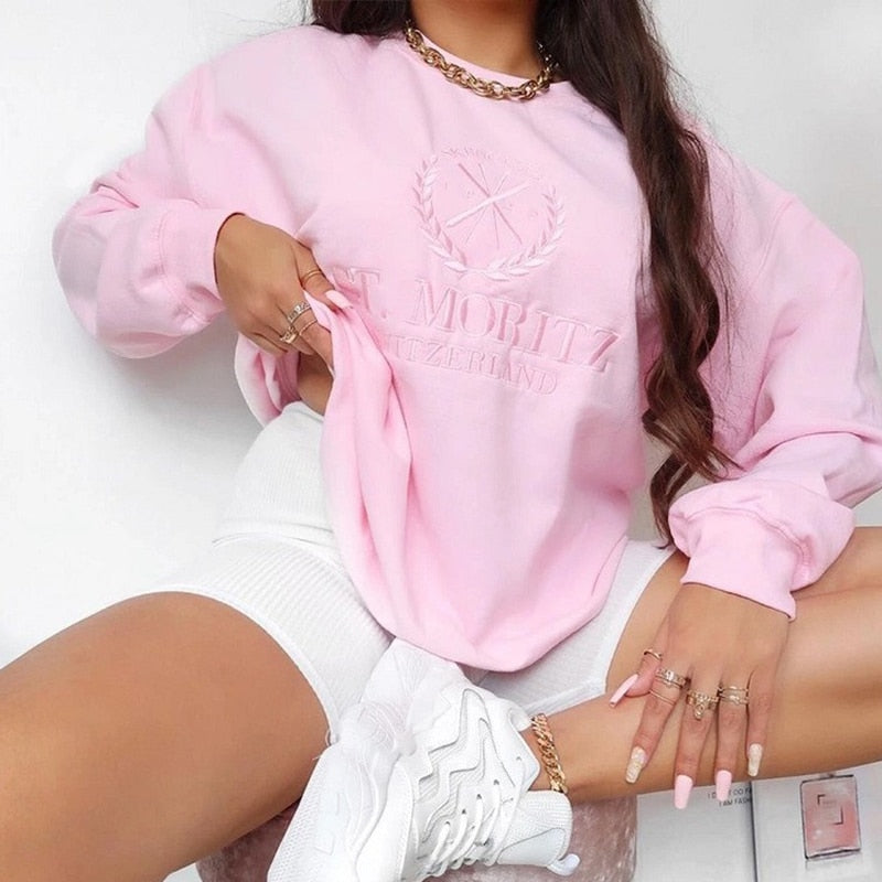 Embroidery Letter White Vintage American Oversized Sweatshirt Women Streetwear New Long Sleeve Casual Girl Tops Winter Plus Size