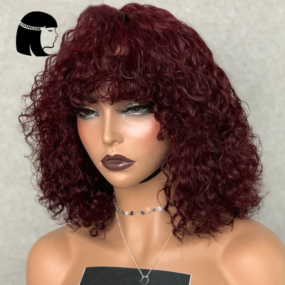 Full Machine Made Wigs Highlight Honey #27 #30 Blonde Brown Burgundy 99J Human Hair Wigs For Women Jerry Curly Wigs With Bangs