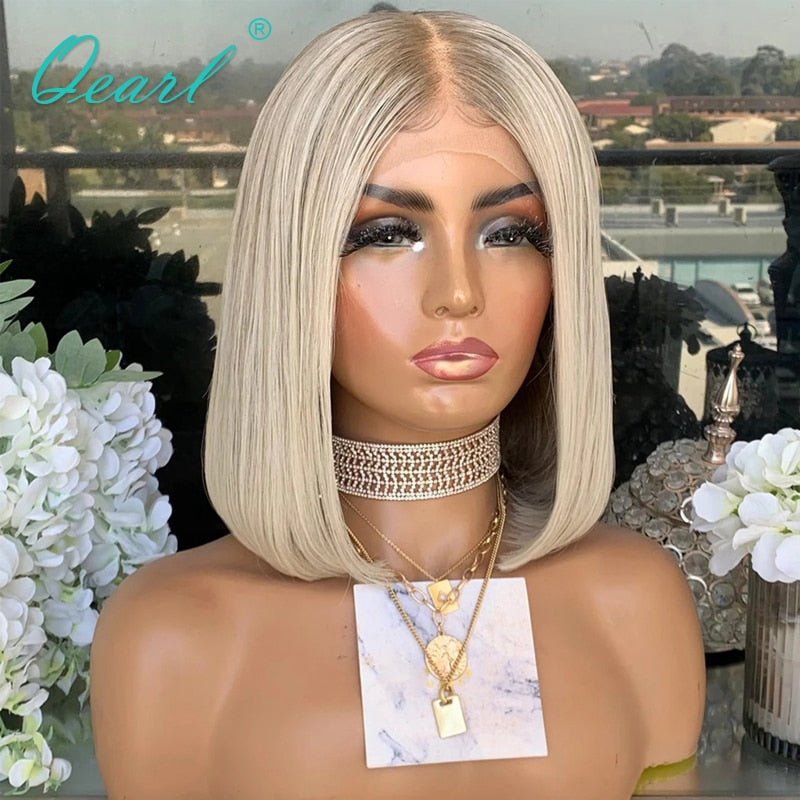 Ashy Grey Blonde Human Hair Lace Front Wig Short Bob Straight Frontal Wigs Platinum White Highlights 13x1 Virgin Hair 150% Qearl