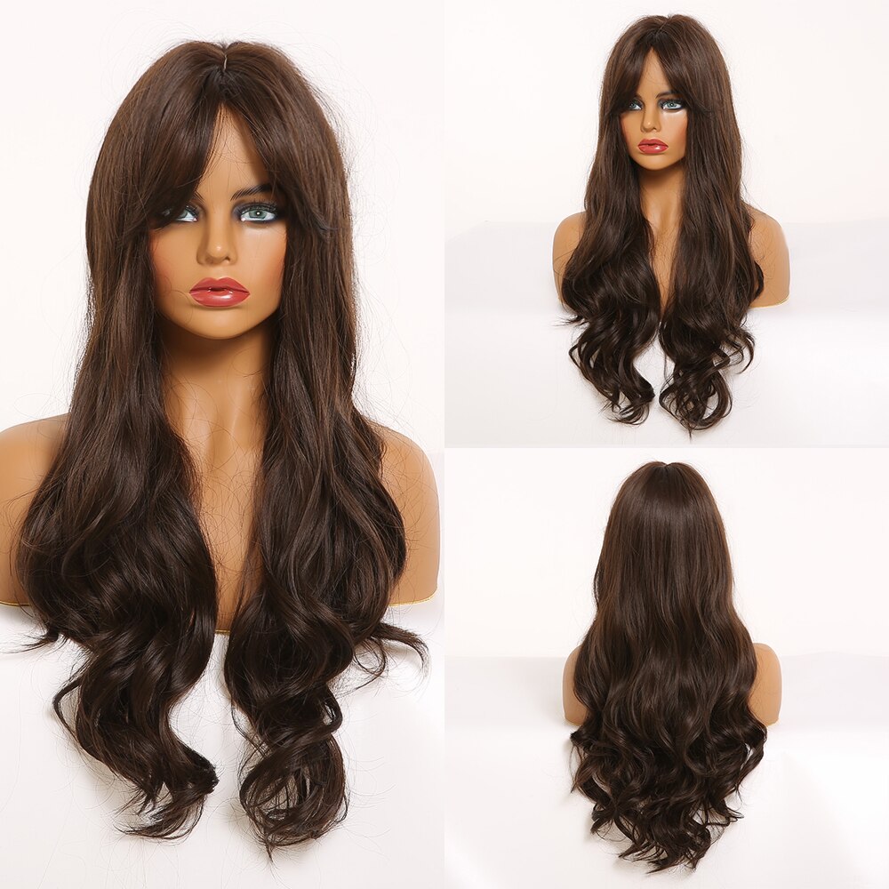 EASIHAIR Long Ombre Brown Wavy Synthetic Wigs for Women Wigs with Bangs Heat Resistant Blonde Cosplay Wigs Daily Natural Hair