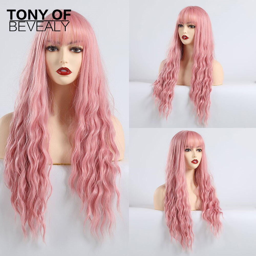 Long Synthetic Water Wave Wigs With Bangs Natural Curly Dark Brown Wigs for Women Cosplay Wigs Heat Resistant Fiber Wigs