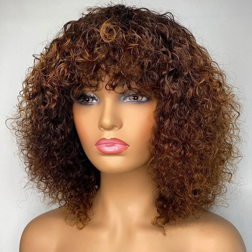 Jerry Curly Short Pixie Bob Cut Human Hair Wigs With Bangs Non lace front Wig Highlight Honey Blonde Colored Wigs For Women