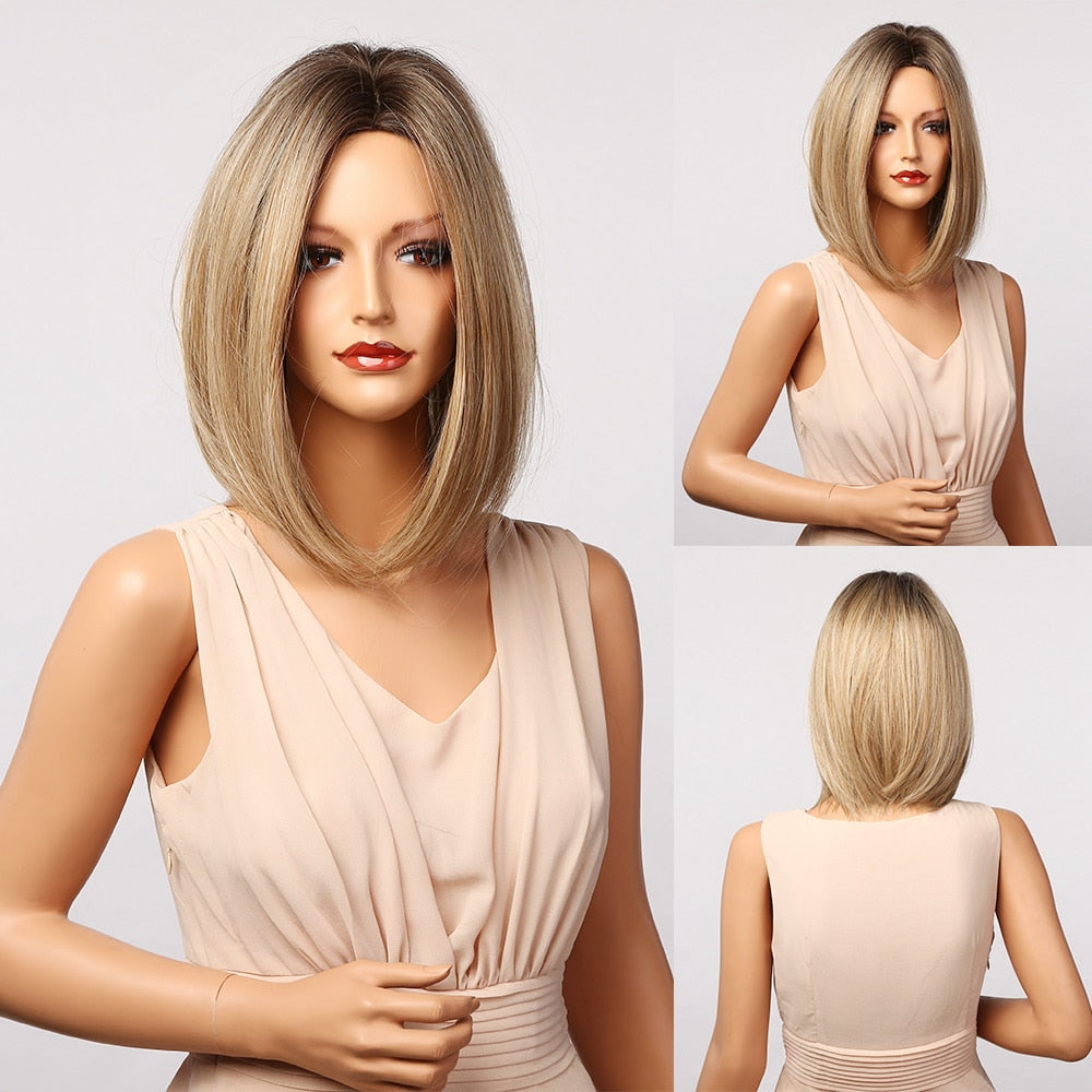 HENRY MARGU Short Straight Synthetic Wigs Blonde Ombre Bob Wigs for Women Middle Part Natural Hairs Daily Party Heat Resistant