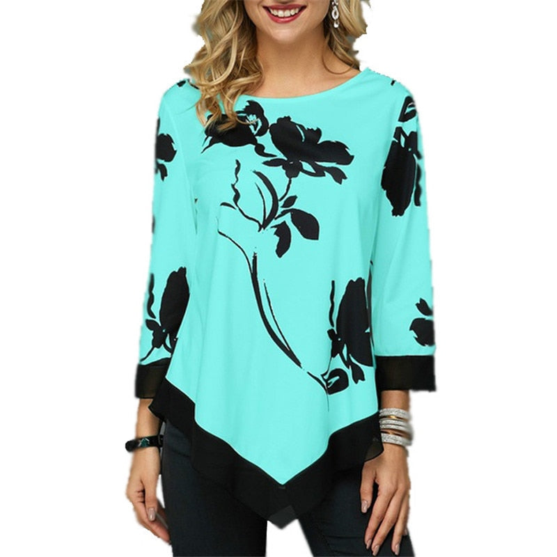 New Spring 5XL Large Size Women T Shirt Casual Irregular O-Neck Lace Splice Floral Printing Tee Shirt Women&#39;s Tops Plus Size 4XL