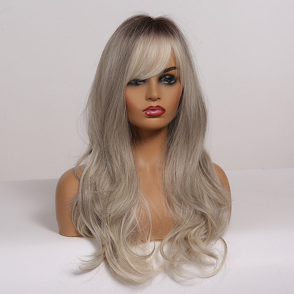 EASIHAIR Grey Ombre Wavy Wigs Long Synthetic Wigs for Women Wigs with Bangs Natural Hair Wigs Heat Resistant Cosplay Wigs