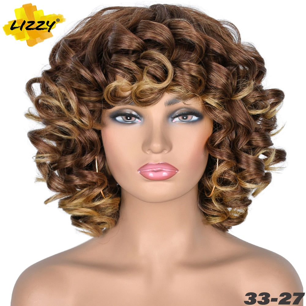 Short Hair Afro Curly Wig With Bangs Loose Synthetic Cosplay Fluffy Shoulder Length Natural Wigs For Black Women Dark Brown 14&quot;