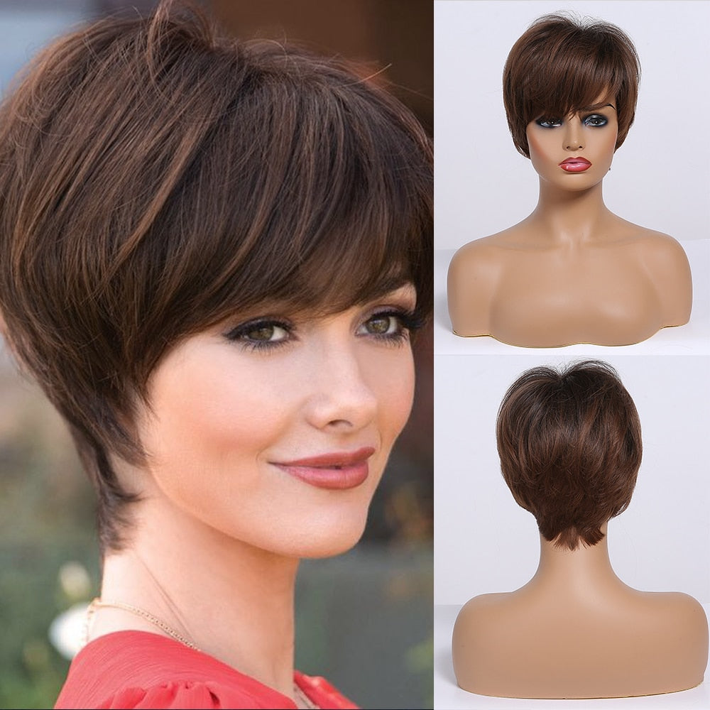 Short Straight Wigs Ombre Brown Synthetic Hair Wigs with Bangs for Black Women Daily Cosplay Heat Resistant Natural Hair Wigs