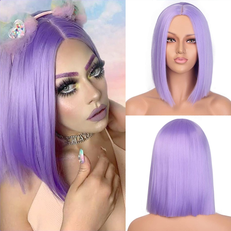 Lativ Synthetic Black Wig Short Straight Bob Wig Blonde Hair Middle Part Shoulder Length Bob Cut Wigs for Women Pink Blue Color