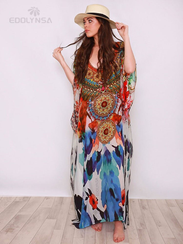 Boho Quick-drying Long Kaftan Bikini Cover-ups Retro Plus Size Summer Dress Women Clothing Beach Wear Swim Suit Cover Up Q831