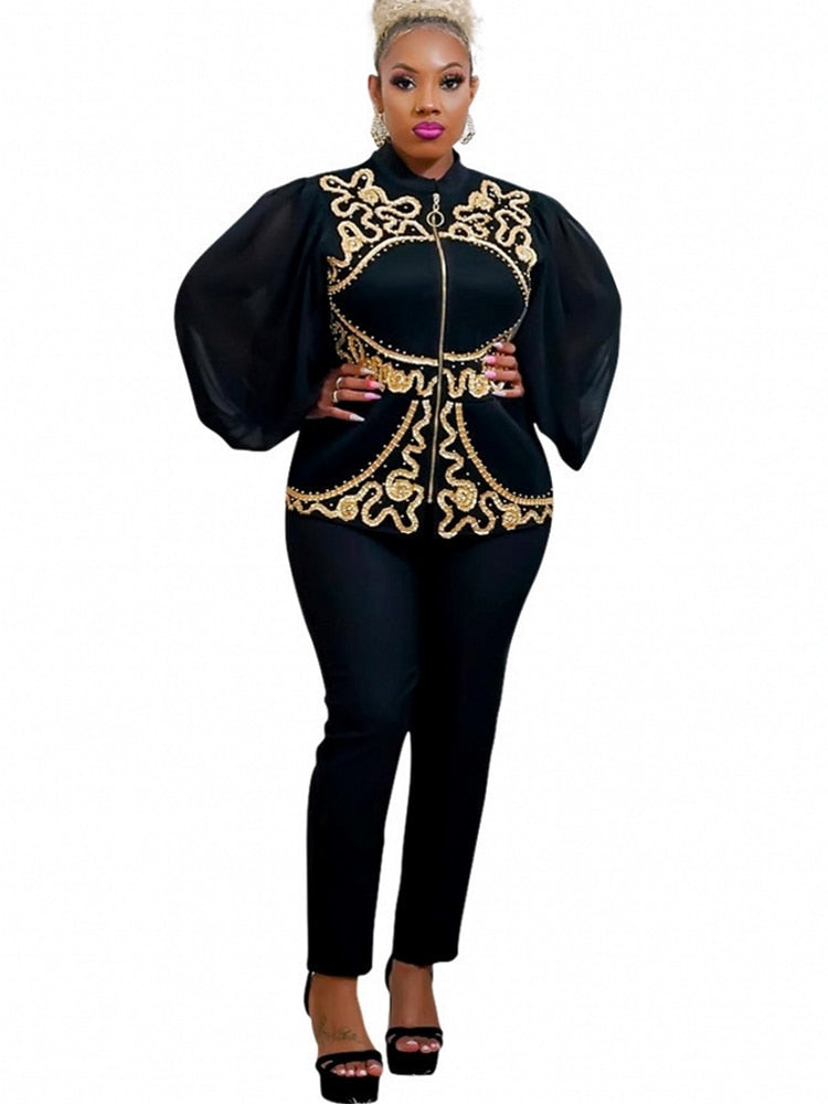 New African Clothes For Women Two Piece Sets Long Tops Skinny Pants Matching Set Shirt Patchwork Tracksuit Set Big Size 2022