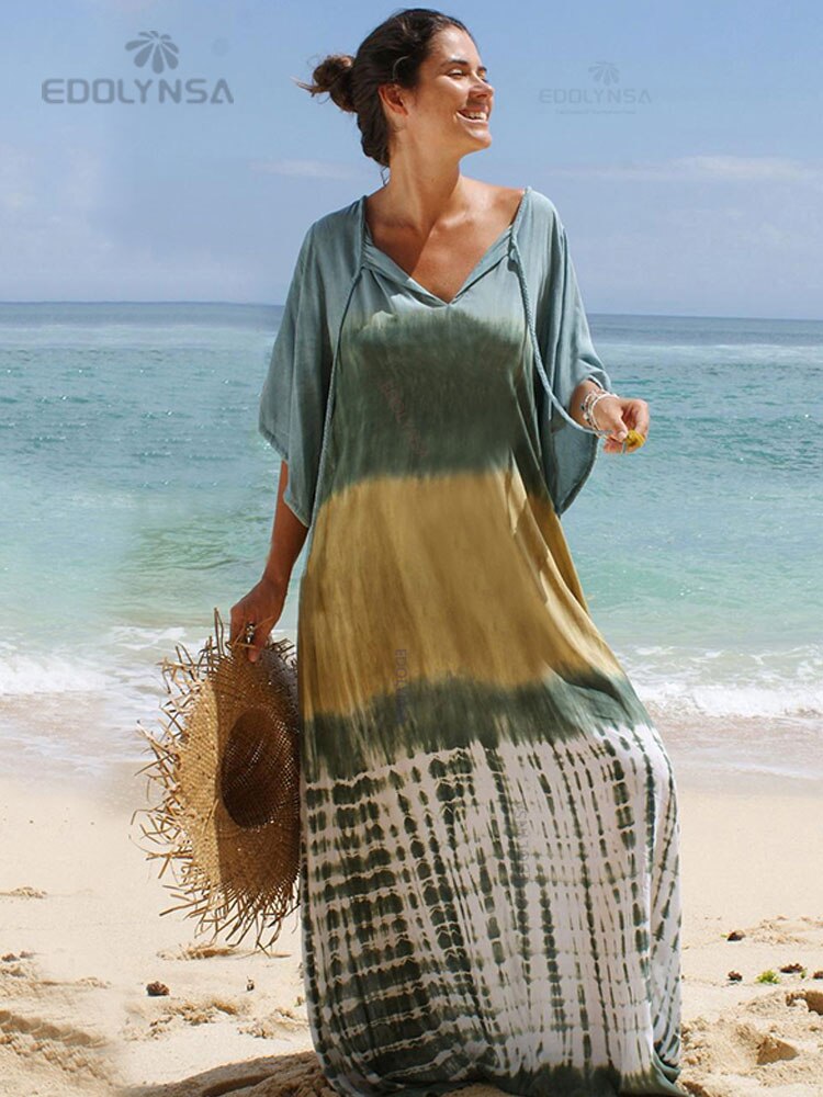 Boho Quick-drying Long Kaftan Bikini Cover-ups Retro Plus Size Summer Dress Women Clothing Beach Wear Swim Suit Cover Up Q831