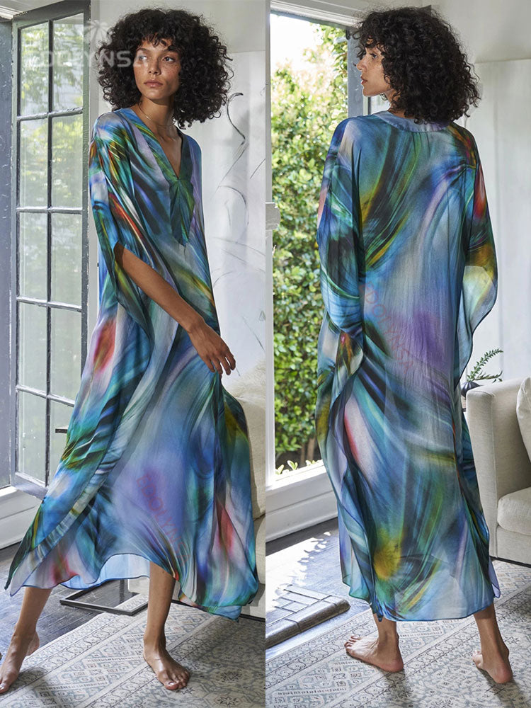 Boho Quick-drying Long Kaftan Bikini Cover-ups Retro Plus Size Summer Dress Women Clothing Beach Wear Swim Suit Cover Up Q831