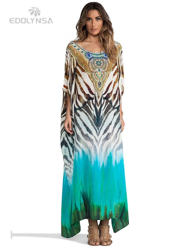 Boho Quick-drying Long Kaftan Bikini Cover-ups Retro Plus Size Summer Dress Women Clothing Beach Wear Swim Suit Cover Up Q831