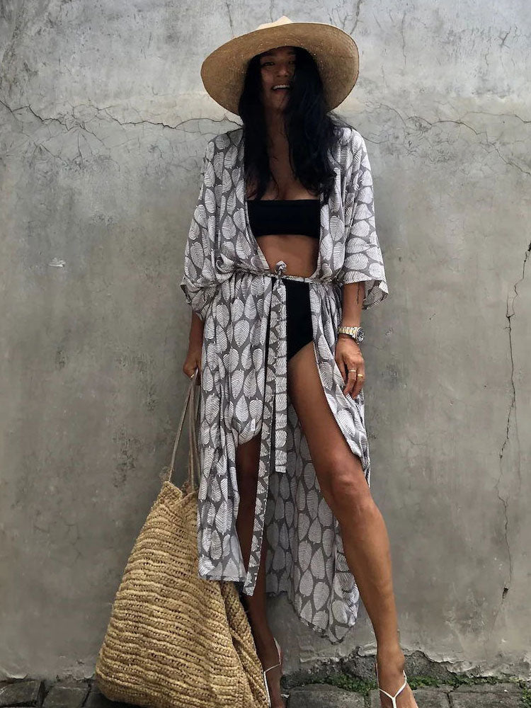 2022 Bikini Cover-ups Black Retro Striped Self Belted Plus Size WomenSummer Kimono Dress Beach Wear Swim Suit Cover Up Q1225