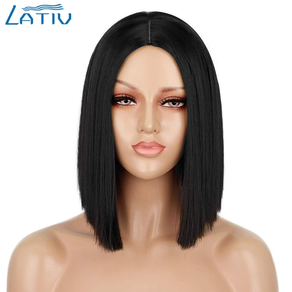 Lativ Synthetic Black Wig Short Straight Bob Wig Blonde Hair Middle Part Shoulder Length Bob Cut Wigs for Women Pink Blue Color