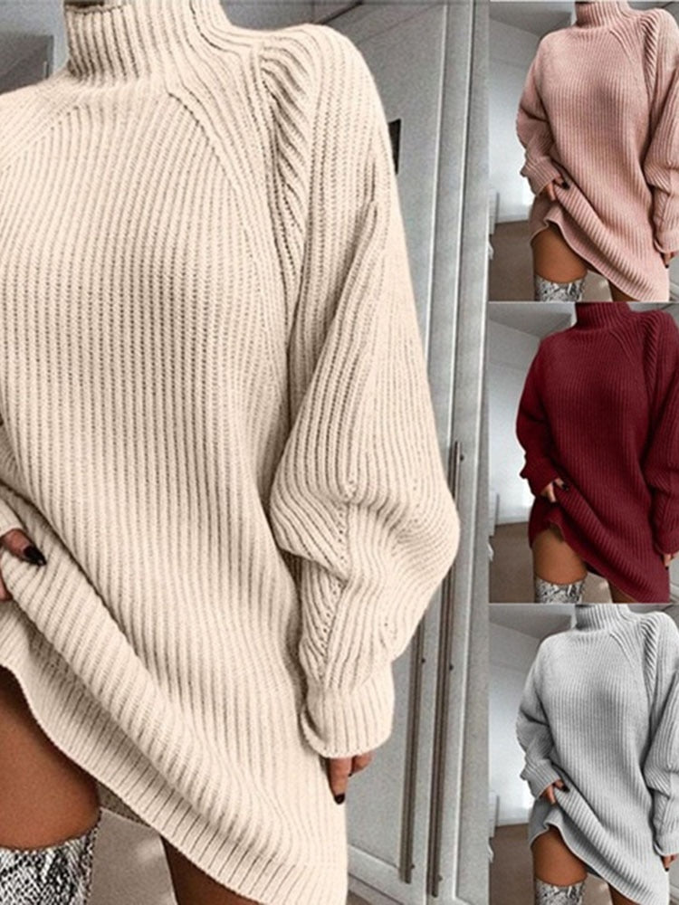 Women Turtleneck Oversized Knitted Dress Autumn Solid Long Sleeve Casual Elegant Mini Sweater Dress Plus Size Winter Clothes