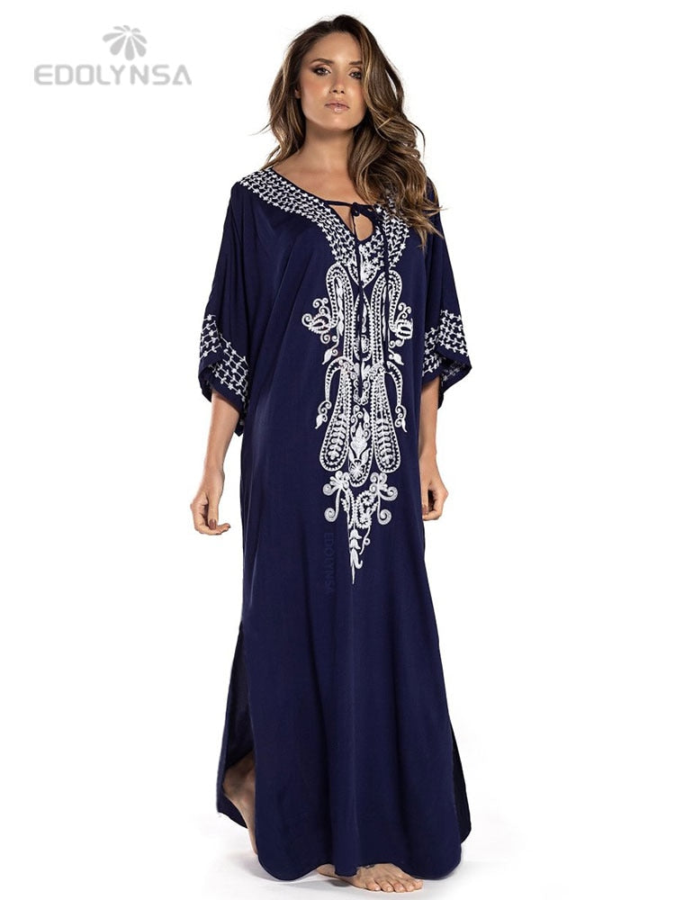 Boho Quick-drying Long Kaftan Bikini Cover-ups Retro Plus Size Summer Dress Women Clothing Beach Wear Swim Suit Cover Up Q831