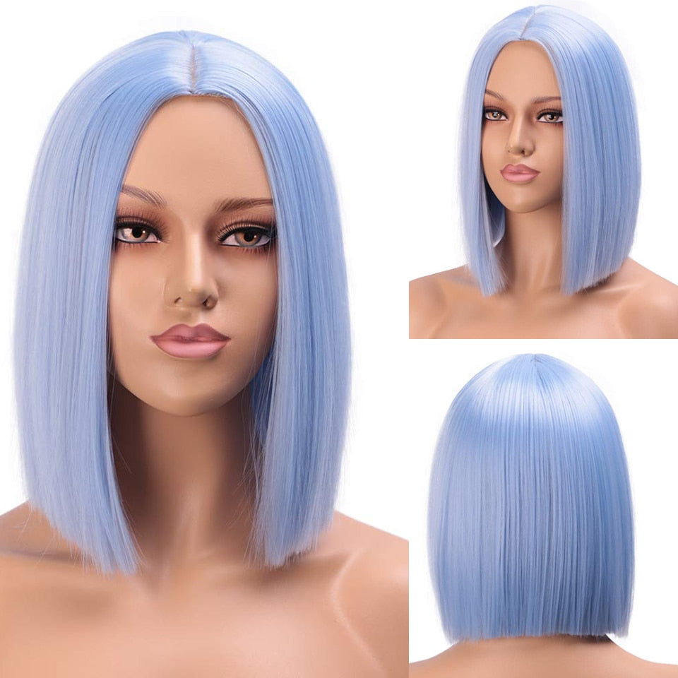 Lativ Synthetic Black Wig Short Straight Bob Wig Blonde Hair Middle Part Shoulder Length Bob Cut Wigs for Women Pink Blue Color