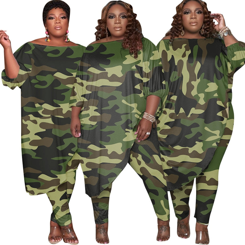 Autumn Style Trendy Plus Size Women Clothing Tracksuit Womens Long Loose Camouflage Oblique Shoulder Wholesale Dropshipping