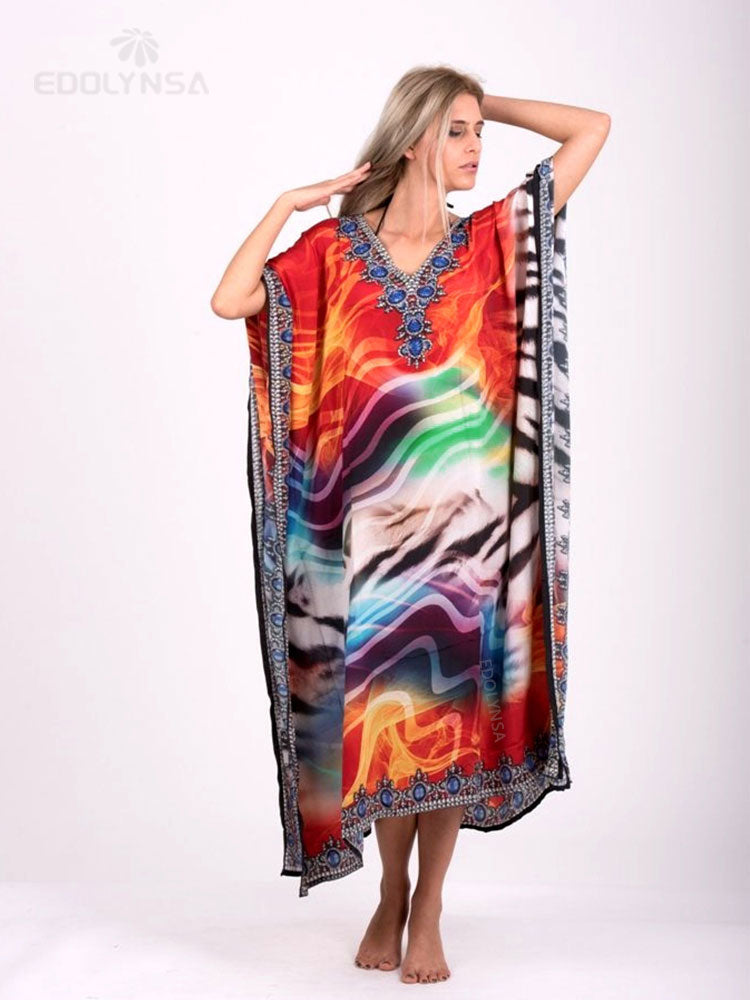 Boho Quick-drying Long Kaftan Bikini Cover-ups Retro Plus Size Summer Dress Women Clothing Beach Wear Swim Suit Cover Up Q831