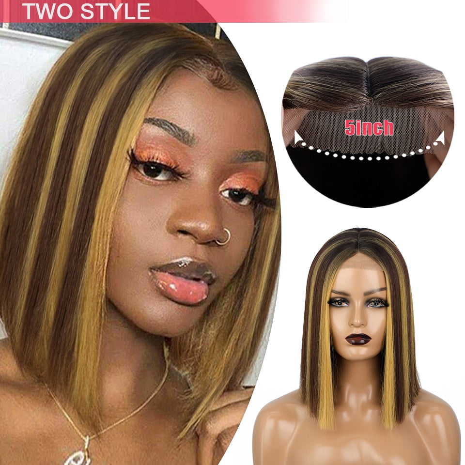 Lativ Synthetic Black Wig Short Straight Bob Wig Blonde Hair Middle Part Shoulder Length Bob Cut Wigs for Women Pink Blue Color