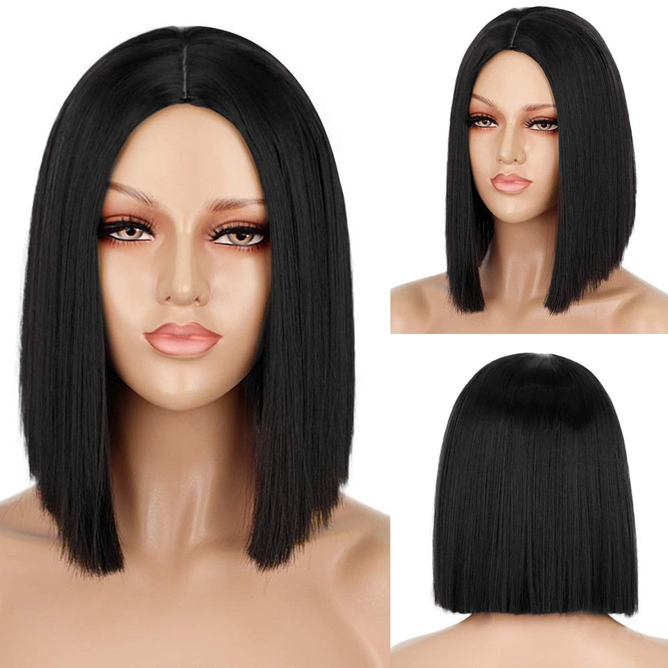 Lativ Synthetic Black Wig Short Straight Bob Wig Blonde Hair Middle Part Shoulder Length Bob Cut Wigs for Women Pink Blue Color