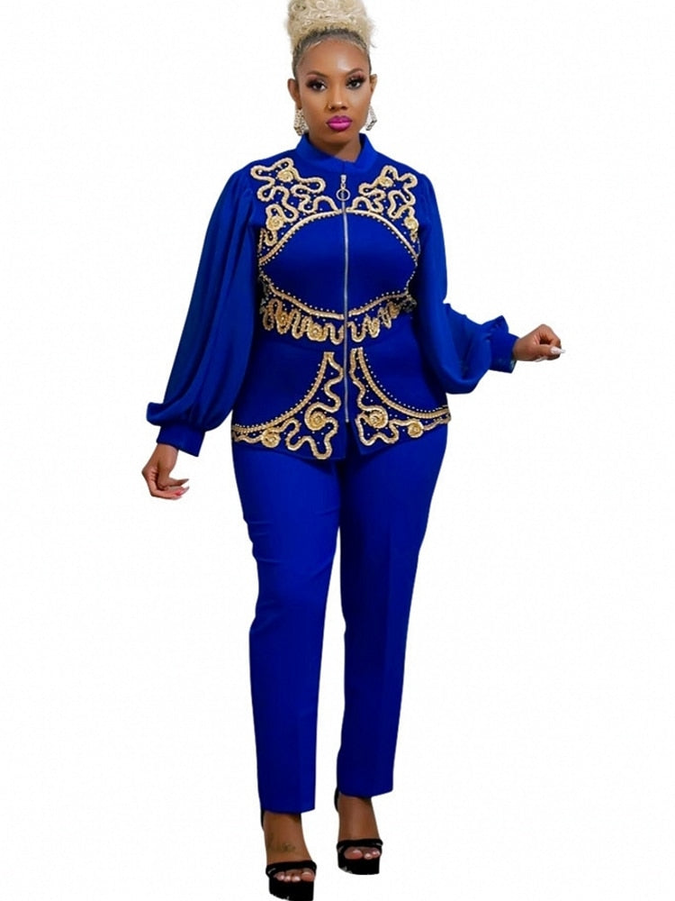 New African Clothes For Women Two Piece Sets Long Tops Skinny Pants Matching Set Shirt Patchwork Tracksuit Set Big Size 2022