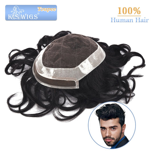 K.S WIGS 6&#39;&#39; Men&#39;s Toupee Swiss Lace+PU Around Natural Hairline Remy Hair Male Wig Replacement System Durable Hair Patch For Men