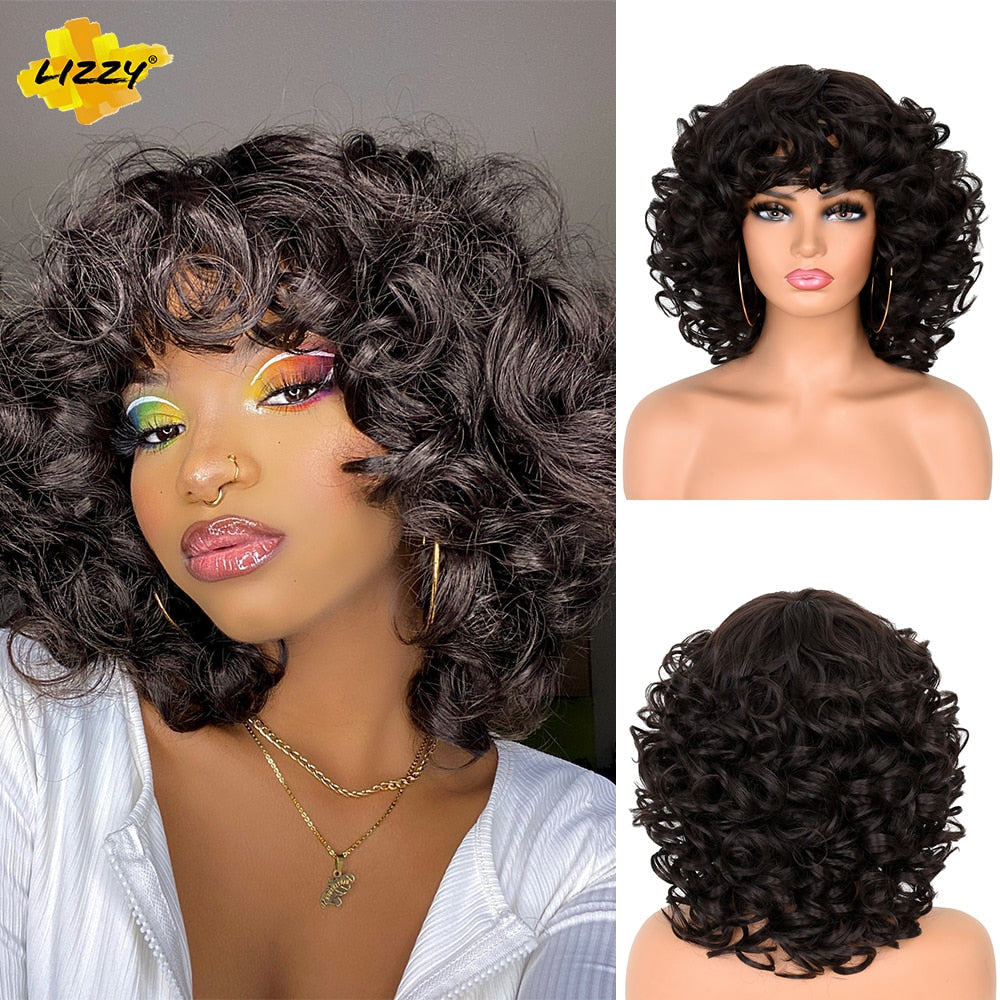 Short Hair Afro Curly Wig With Bangs Loose Synthetic Cosplay Fluffy Shoulder Length Natural Wigs For Black Women Dark Brown 14&quot;