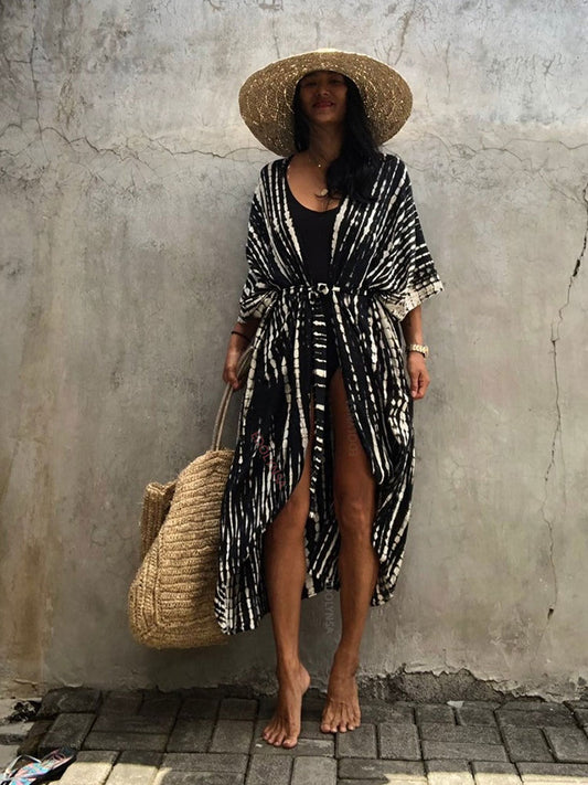 2022 Bikini Cover-ups Black Retro Striped Self Belted Plus Size WomenSummer Kimono Dress Beach Wear Swim Suit Cover Up Q1225