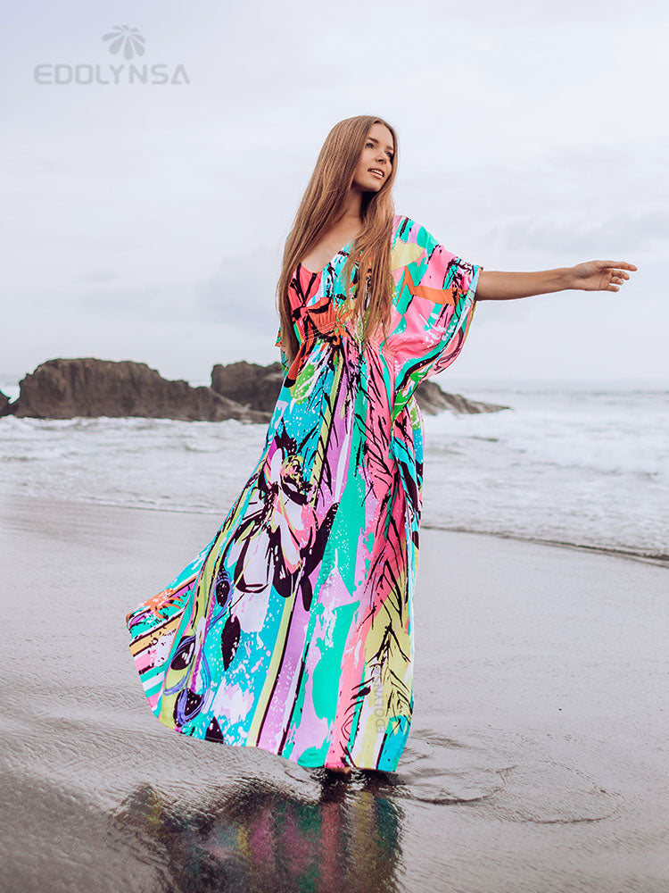 Boho Quick-drying Long Kaftan Bikini Cover-ups Retro Plus Size Summer Dress Women Clothing Beach Wear Swim Suit Cover Up Q831