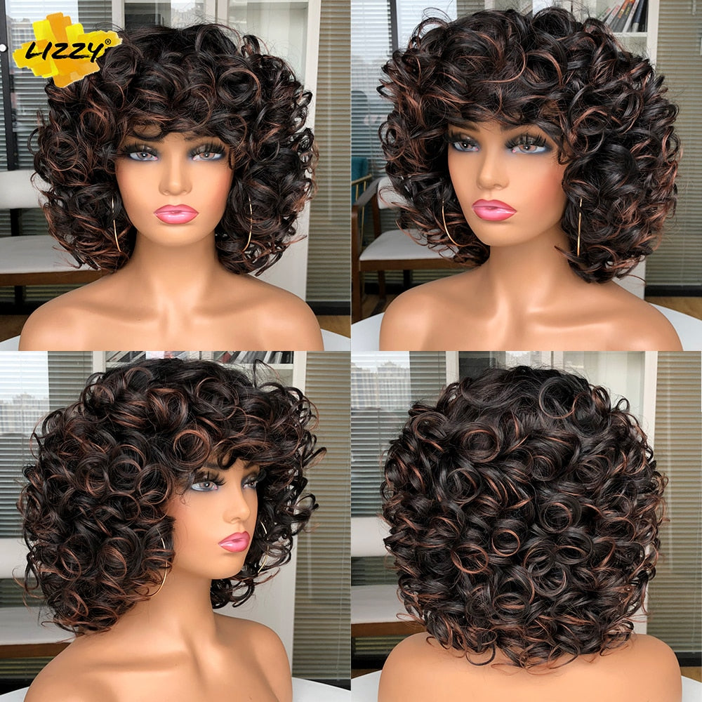 Short Hair Afro Curly Wig With Bangs Loose Synthetic Cosplay Fluffy Shoulder Length Natural Wigs For Black Women Dark Brown 14&quot;