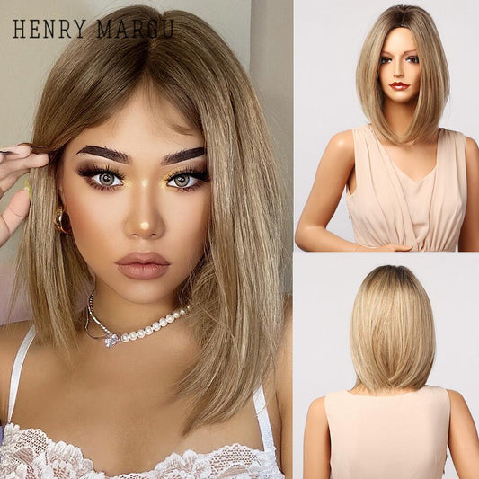 HENRY MARGU Short Straight Synthetic Wigs Blonde Ombre Bob Wigs for Women Middle Part Natural Hairs Daily Party Heat Resistant