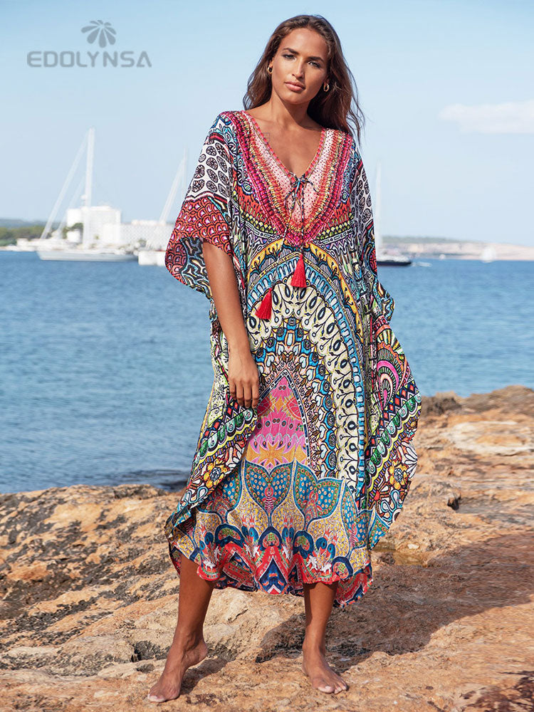 Boho Quick-drying Long Kaftan Bikini Cover-ups Retro Plus Size Summer Dress Women Clothing Beach Wear Swim Suit Cover Up Q831