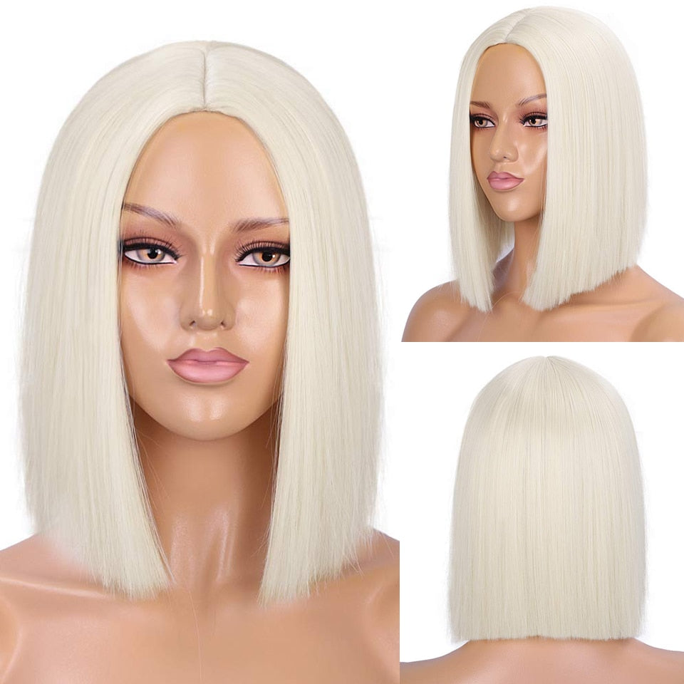 Lativ Synthetic Black Wig Short Straight Bob Wig Blonde Hair Middle Part Shoulder Length Bob Cut Wigs for Women Pink Blue Color