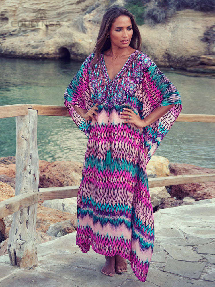 Boho Quick-drying Long Kaftan Bikini Cover-ups Retro Plus Size Summer Dress Women Clothing Beach Wear Swim Suit Cover Up Q831